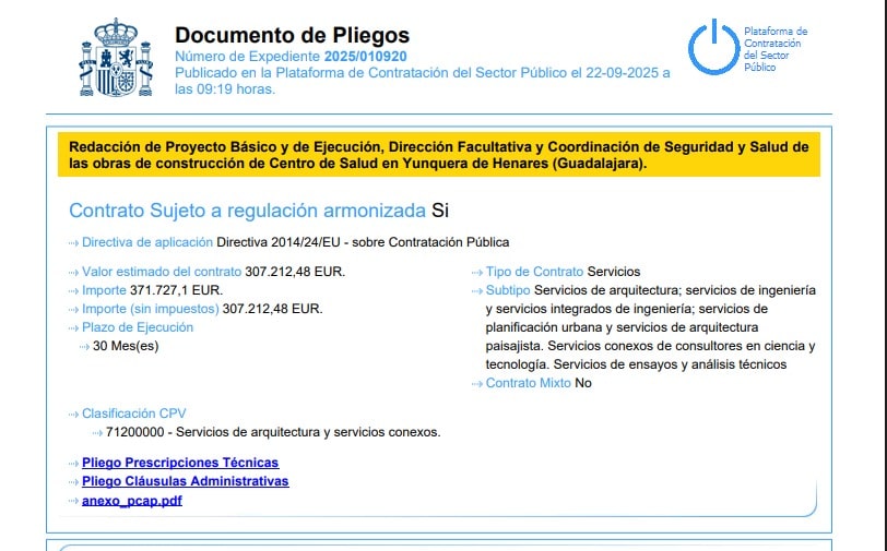 Licitación para la redacción del proyecto del Centro Médico de Yunquera