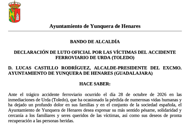 Bando Municipal | Luto oficial en Yunquera de Henares
